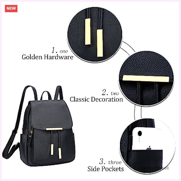 Faux Leather Daypack Backpack with 7 Pockets, Adjustable Straps, Travel Purse